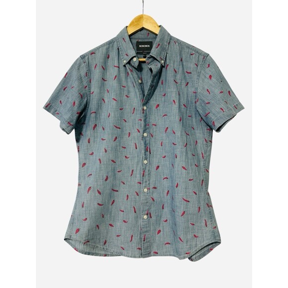 Bonobos Men's Blue Chambray Chili Pepper Slim Fit Short Sleeve Shirt Medium - Picture 1 of 4